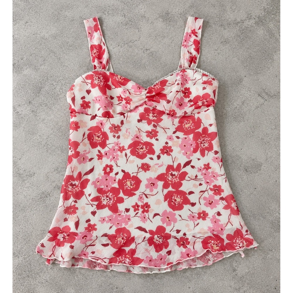 Studio Y Y2K Pink Floral Camisole Top Ruched Sweetheart Coquette Rhinestone XL